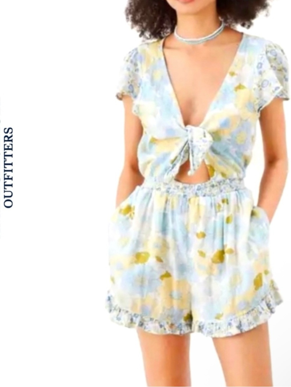 AMERICAN EAGLE Y2K Flirty Floral Mini Cut Out Front Tie Ruffled Romper Size S